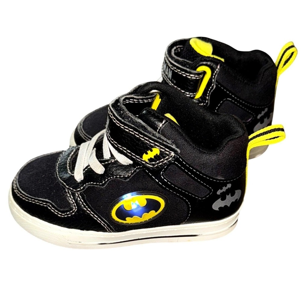 Batman Light Up Toddler Sneakers Black Yellow Lace Up & Strap Shoes Size 7